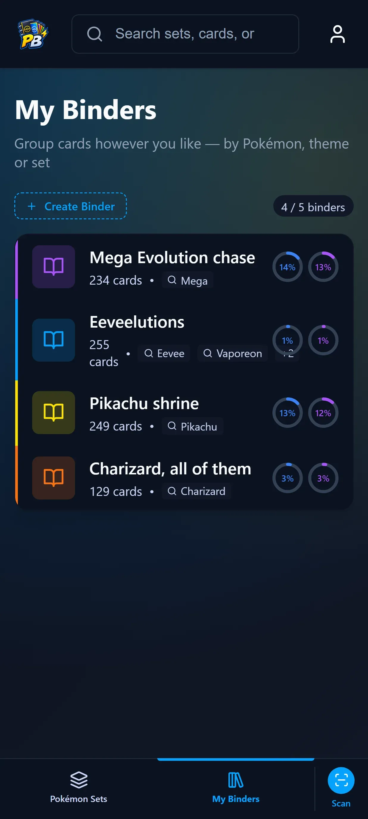 PikaBinder running on a phone, showing the binders list.
