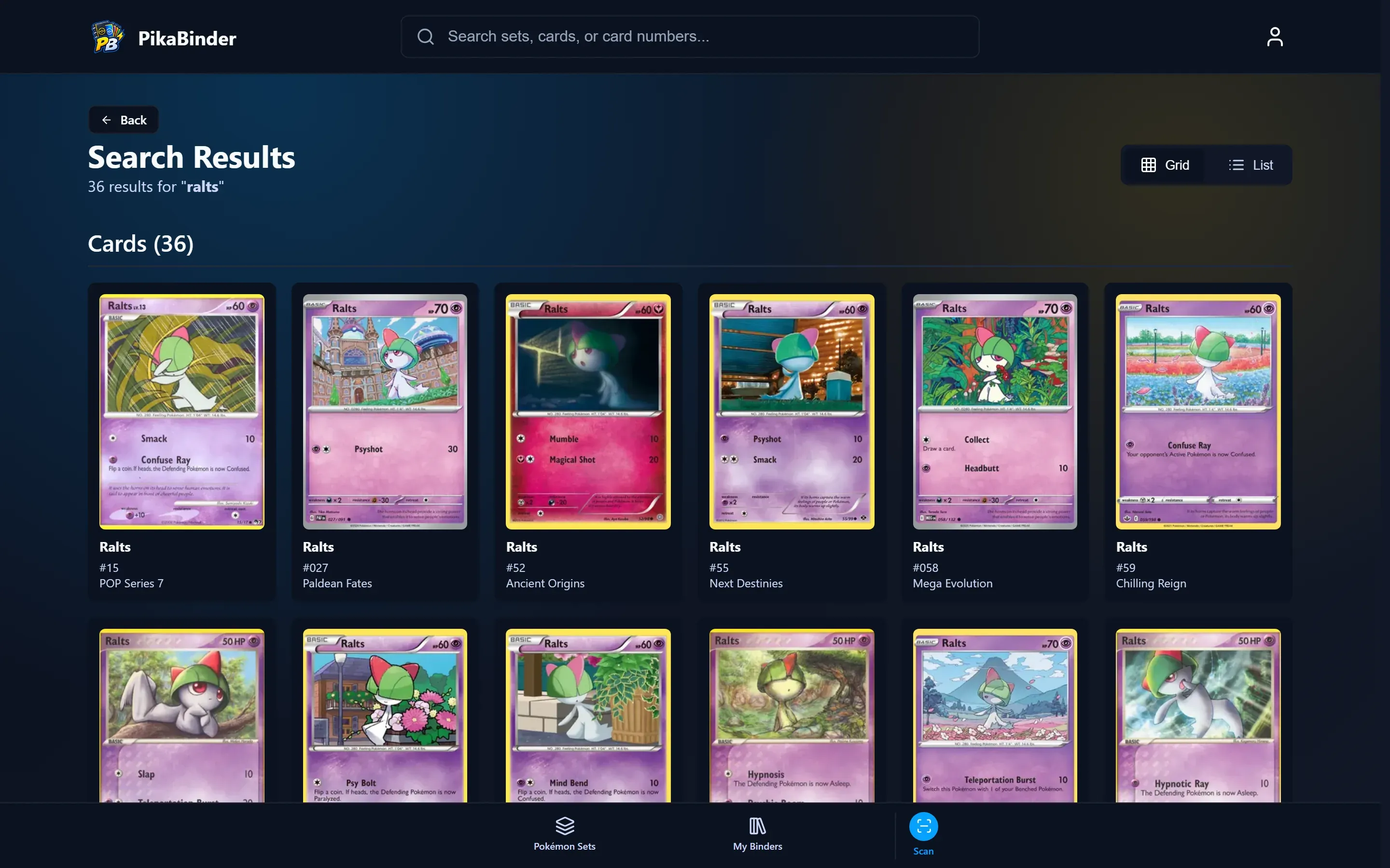 PikaBinder search results for Umbreon, across every set in the catalogue.