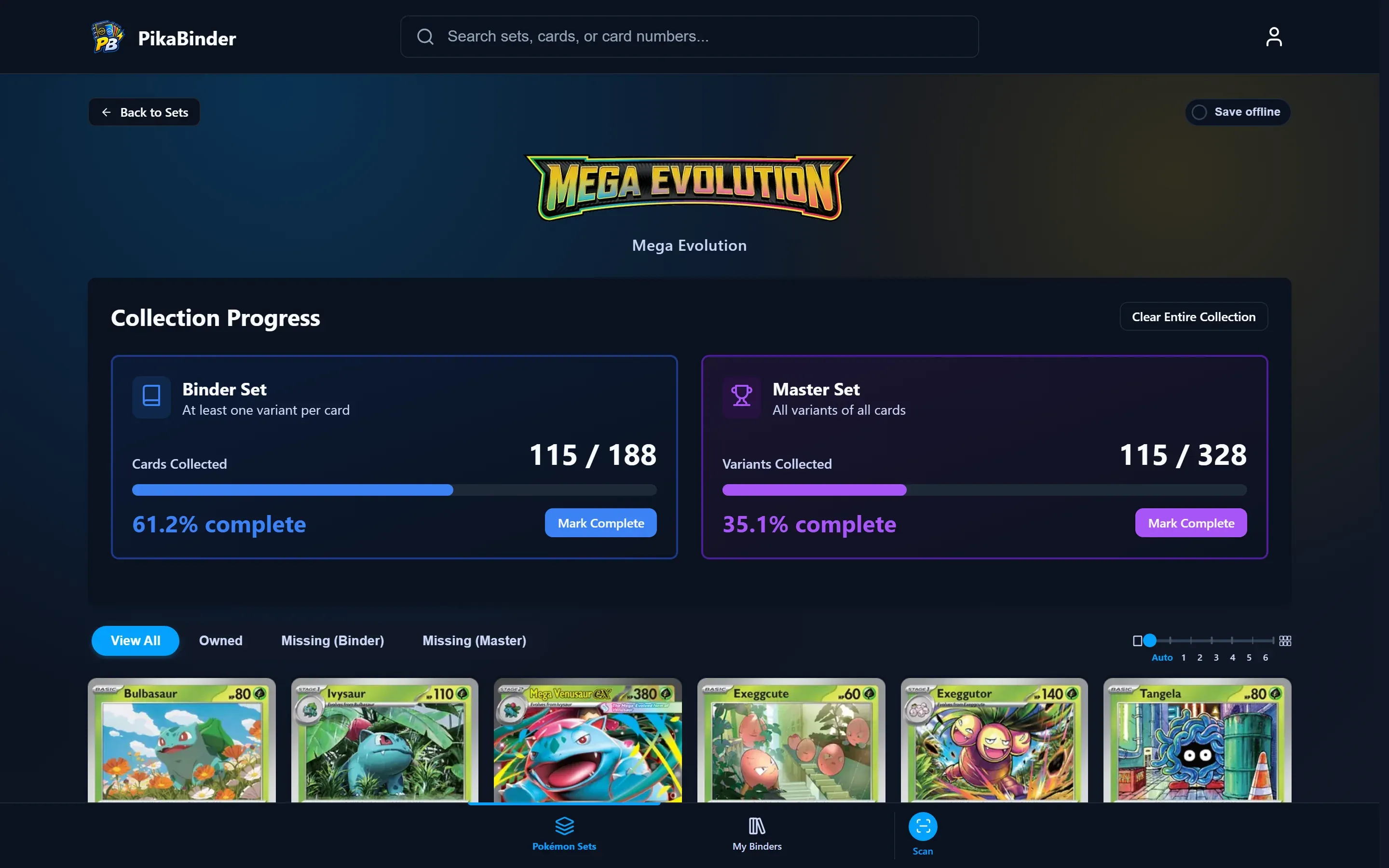 A Pokemon set opened in PikaBinder, showing collection progress and every card in the set.