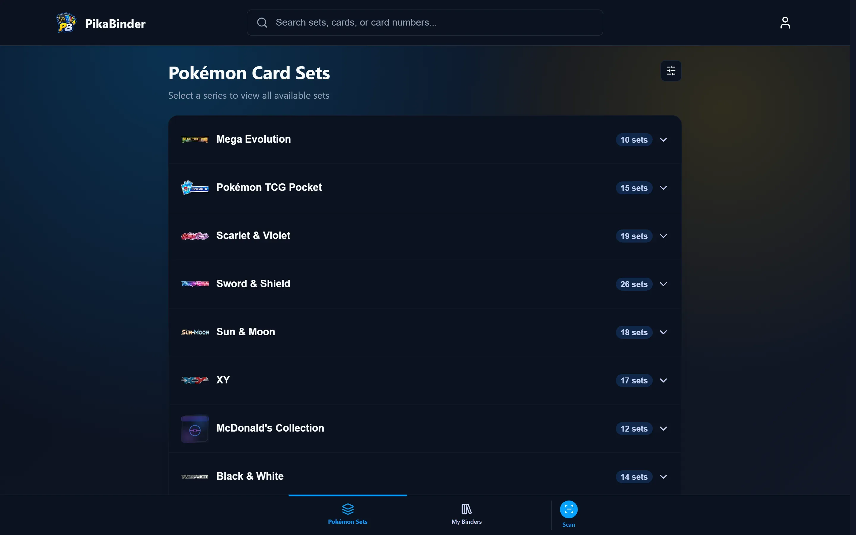 The PikaBinder sets browser, showing Pokémon TCG sets as cards with completion rings.