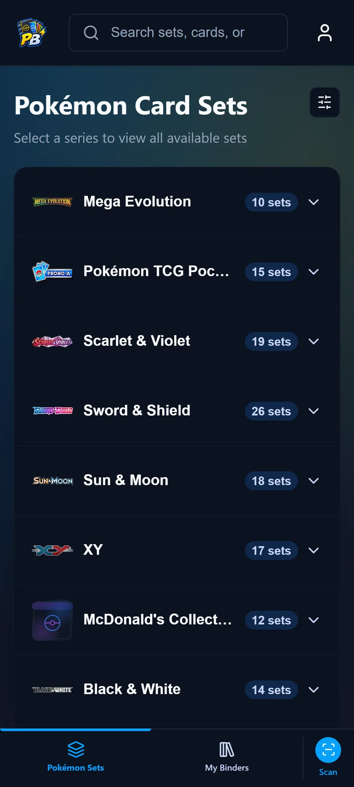 PikaBinder running on a phone, browsing Pokémon TCG sets.